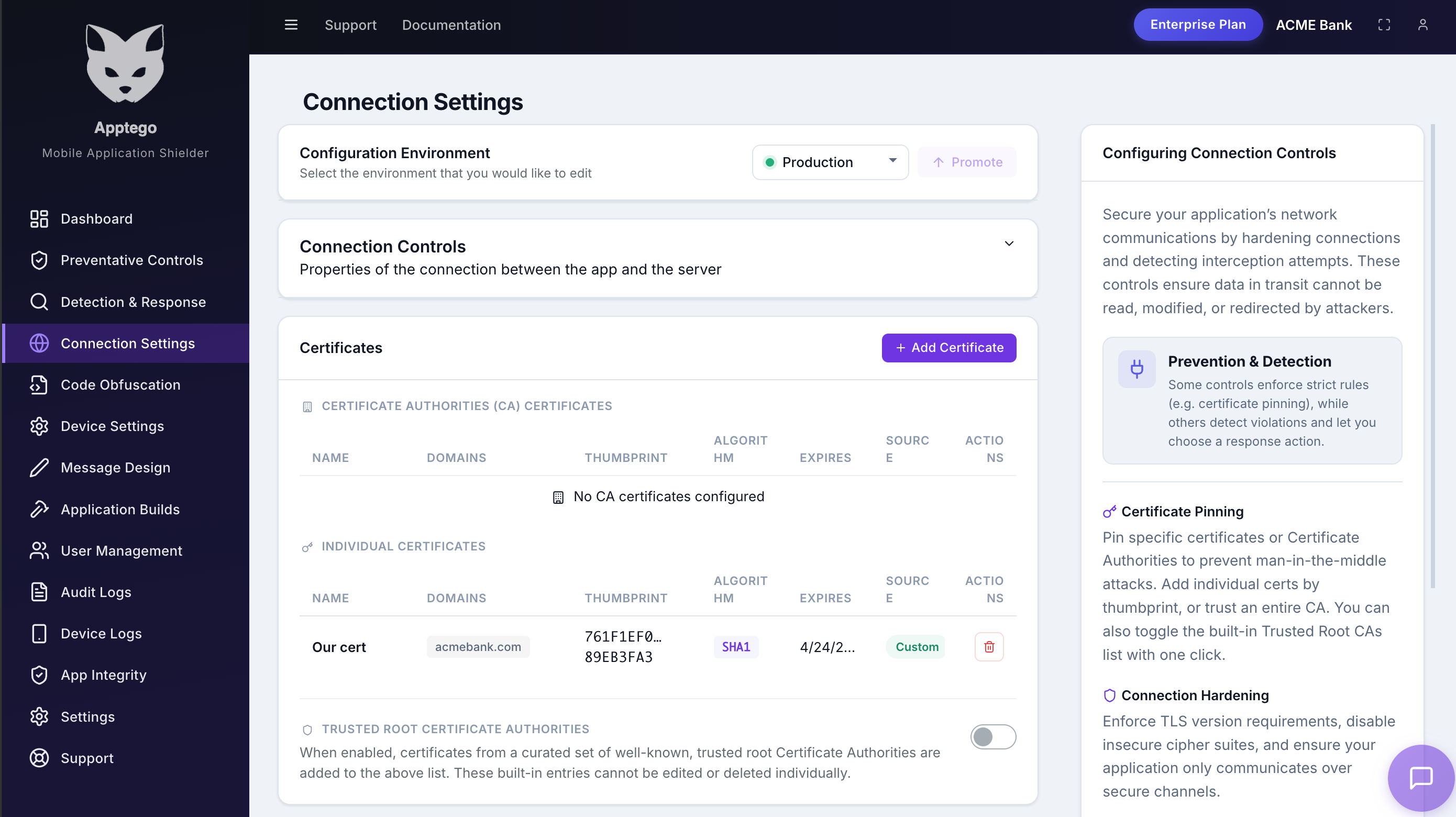 AppTego portal showing connection security settings
