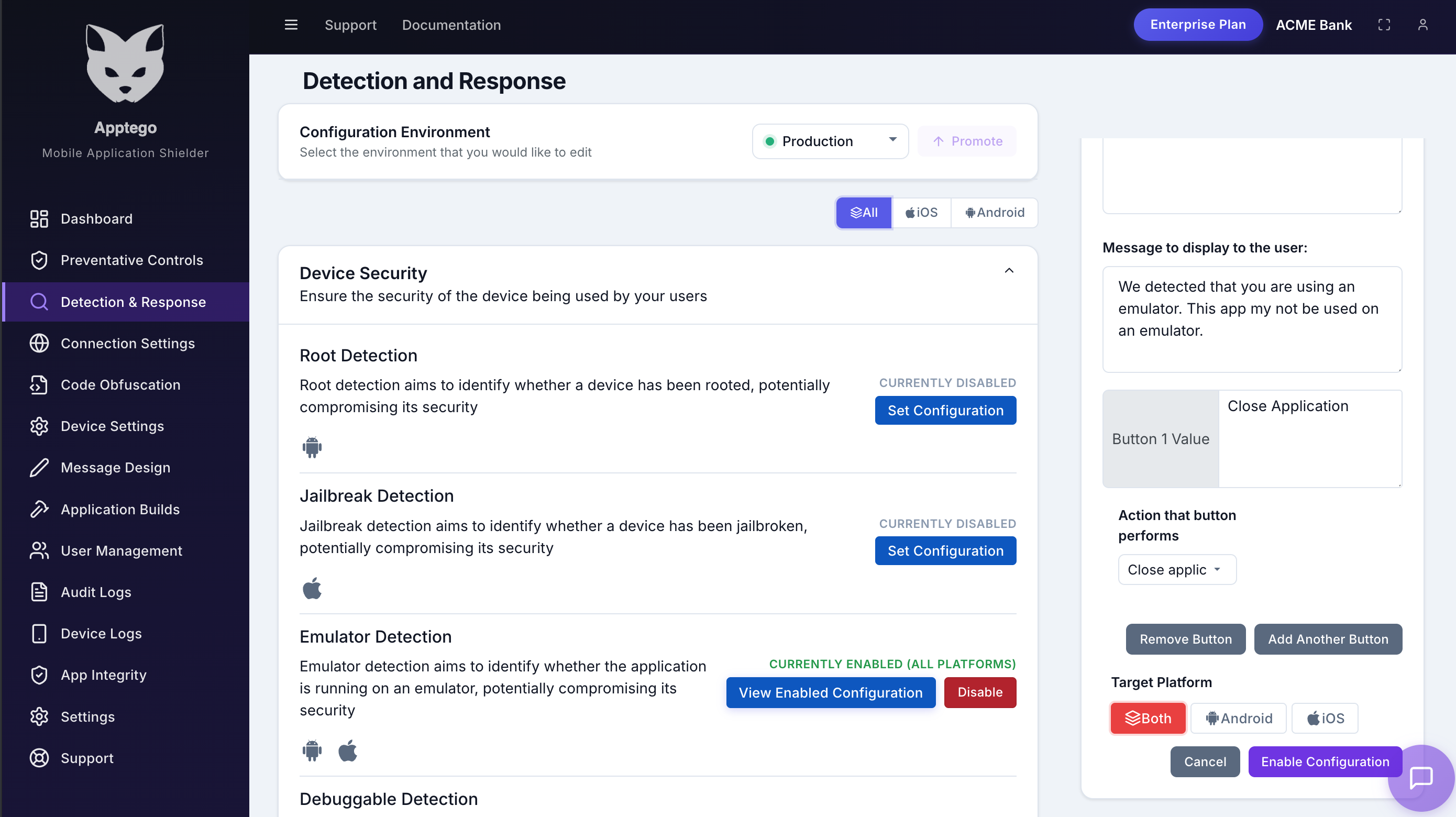 AppTego portal showing detection and response configuration
