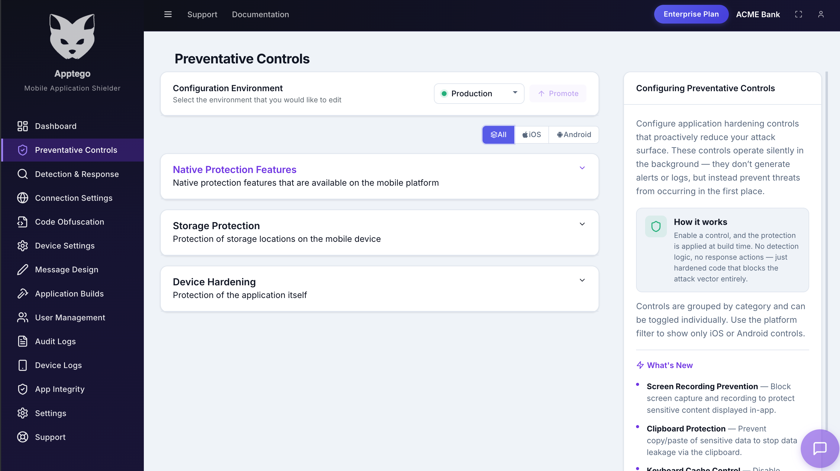 AppTego portal showing preventative control settings